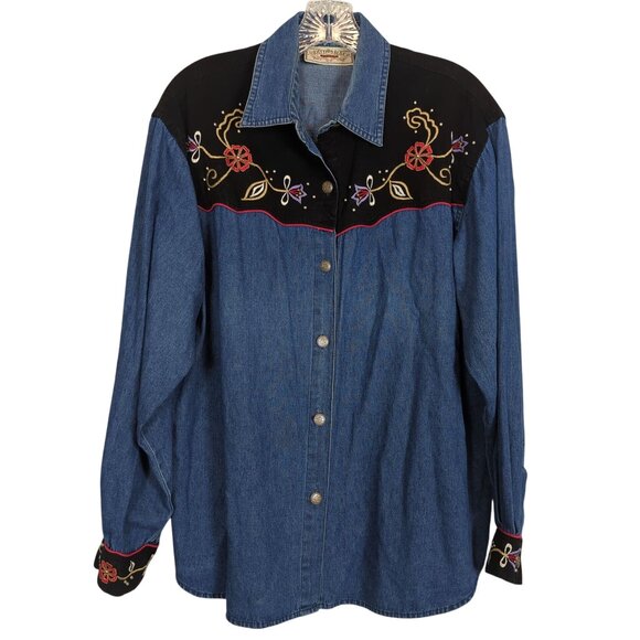 Rhythm Blue Vintage Shirt Western Denim Velvet Embroidered Floral Women L - Picture 1 of 14